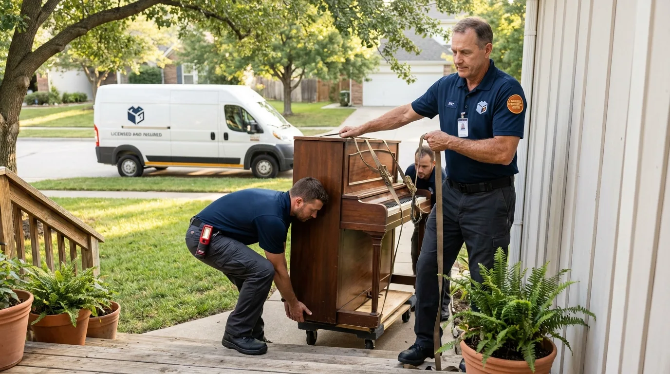 Licensed piano movers securing grand piano in Twin Falls, ID