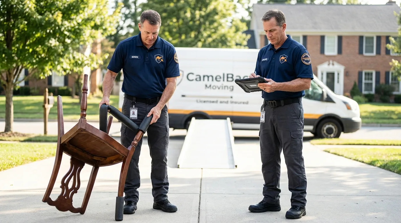 Movers inspecting furniture for damage prevention before loading in Twin Falls, ID